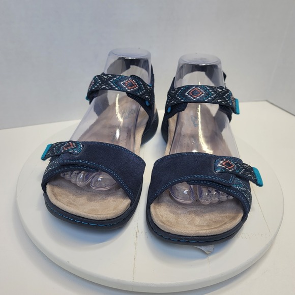 Clarks Flats Sandal Shoes Amanda Sprint Blue Suede Comfort Sporty Strap - Picture 6 of 14